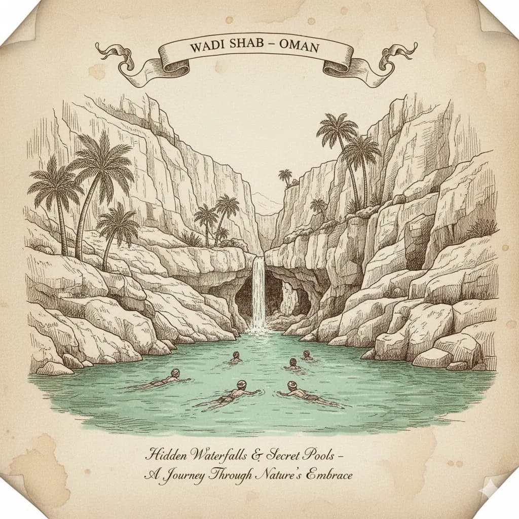 Blue pools and cliffs inside Wadi Shab